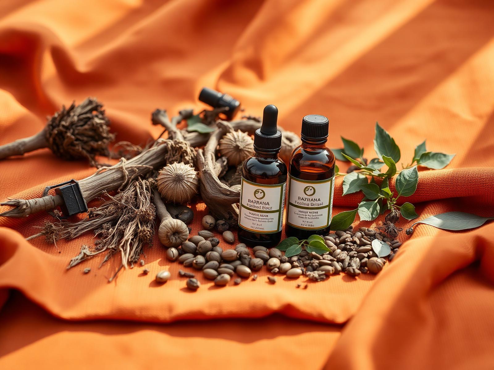 Malian herbs and oils on terracotta linen
