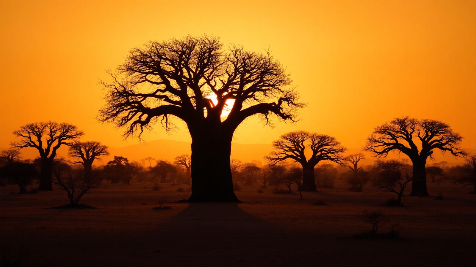 Baobab trees in Malian savanna at golden hour